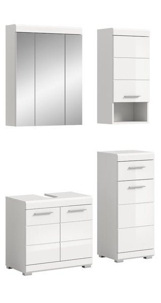 Badezimmer-Möbelset vierteilig in Weiß Hochglanz mit Spiegelschrank, Waschbeckenunterschrank und zwei Beistellschränken.