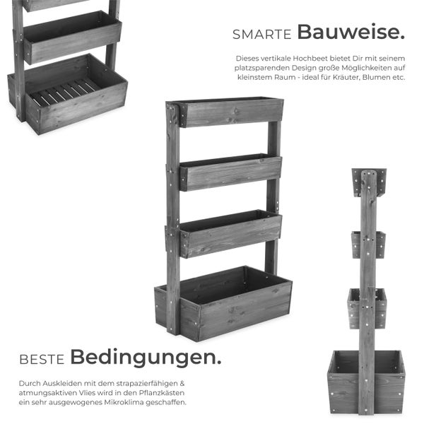 Vertikales Hochbeet aus grauem Holz mit vier Etagen in verschiedenen Größen, Ansicht von vorne, von der Seite und Detailansicht.