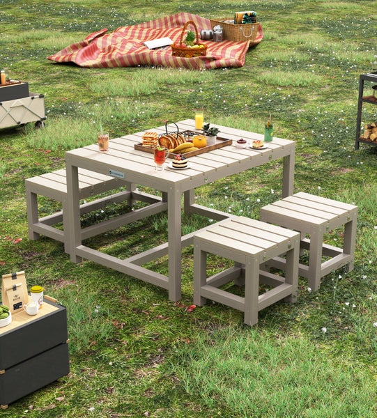 WONDERMAKE® Design Kindersitzgruppe Outdoor Garten Holz mit Abdeckung, Kinder-Sitzgarnitur Indoor Picknick-Gruppe ab 3 Jahre, beige grau
