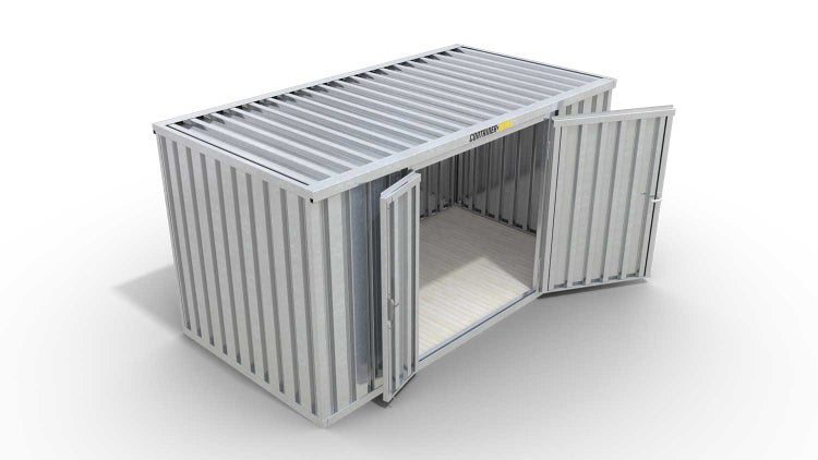 Lagercontainer Gerätehaus XL  – 10 qm, H2150 x B5080 x T2170 mm, verzinkt, mit Holzfußboden, 1830 mm Doppelflügeltür mittig in Breitseite, zerlegt