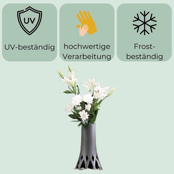 Symbol für UV-beständig, hochwertige Verarbeitung und Frostbeständigkeit. Im Vordergrund eine Vase mit Blumen