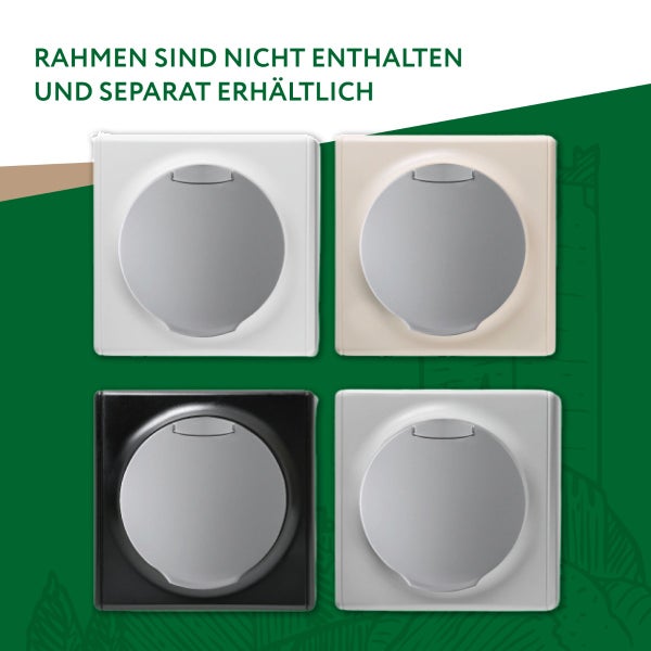 Vier quadratische Steckdoseneinsätze mit Klappdeckel ohne Rahmen in verschiedenen Ausführungen als elektrische Installationselemente.