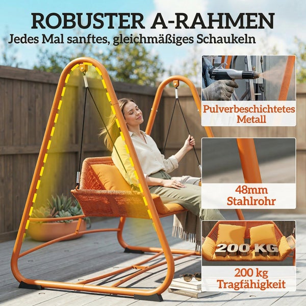 Gartenschaukel mit robustem A-Rahmen aus pulverbeschichtetem Stahlrohr, 48 Millimeter Durchmesser und 200 Kilogramm Tragfähigkeit.
