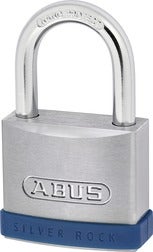 ABUS Vorhangschloss Silver Rock, silbernes Gehäuse aus Zink mit blauem Kantenschutz und gehärtetem Stahlbügel.