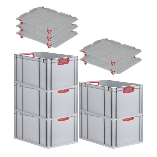 PROREGAL Spar Set 5x Eurobox Nextgen Color Mit Auflagedeckel & Schiebeschnappverschlüsse HxBxT 32 x 40 x 60 cm Griffe Rot Offen Verstärkter Boden