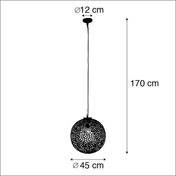 Abbildung einer Hängelampe mit den Maßen 45 cm Durchmesser des Lampenschirms, 12 cm Durchmesser der Deckenbefestigung und 170 cm Gesamthöhe