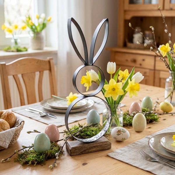 Osterdekoration aus Metall in Hasenform auf Holzsockel, umgeben von Ostereiern, Moos und Frühlingsblumen auf einem gedeckten Holztisch.