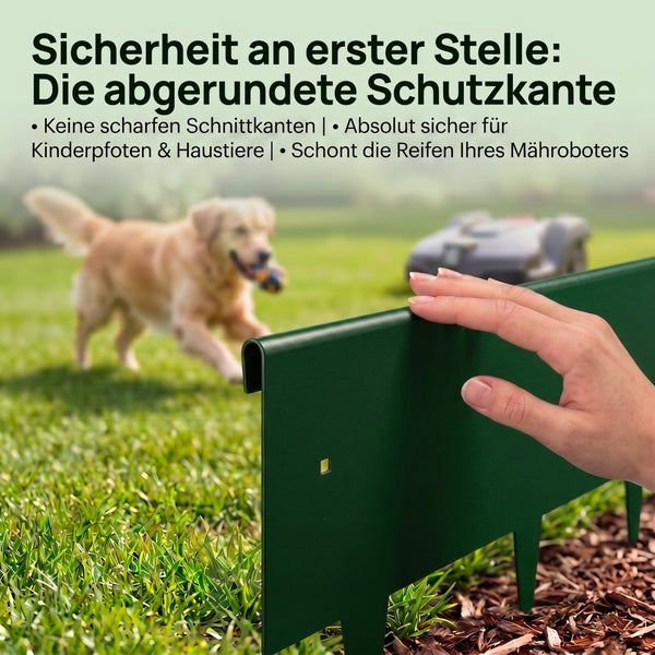 Metall Rasenkante mit abgerundeter Schutzoberkante zur sicheren Begrenzung im Garten mit Mähroboter und Hund im Hintergrund.