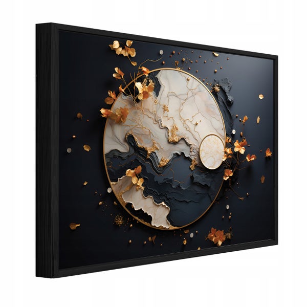 Wandbild mit abstraktem Motiv in einem schwarzen Rahmen mit reliefartigen Strukturen und Elementen in Blattgoldoptik.
