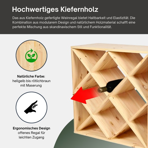 Modulares Weinregal aus hochwertigem Kiefernholz mit offenem, ergonomischem Design für einfachen Zugriff auf Flaschen.