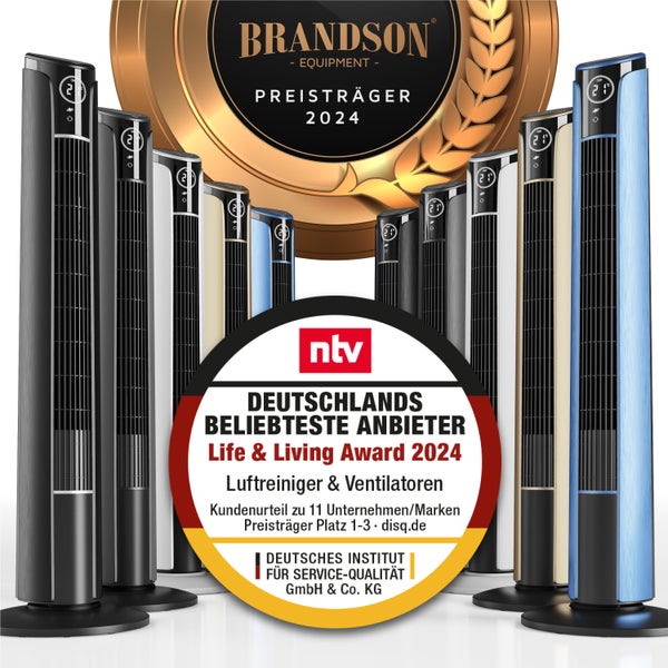 Brandson Turmventilator mit Oszillationsfunktion 65°, Ventilator neigbar 10°, Standventilator GS mit Timer, Fernbedienung, 4 Lüftungs-Modi, 108 cm