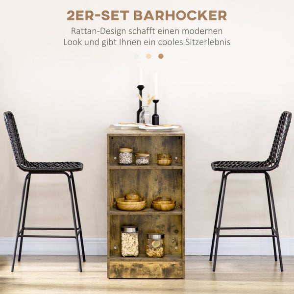 HOMCOM Barhocker 2er Set, Barstuhl mit Gestell aus Kunstrattan, Rückenlehne, Küchenstühle mit integrierter Fußstütze, Tresenhocker für Küche, Wohnzimmer, Esszimmer, Boho-Stil, Schwarz