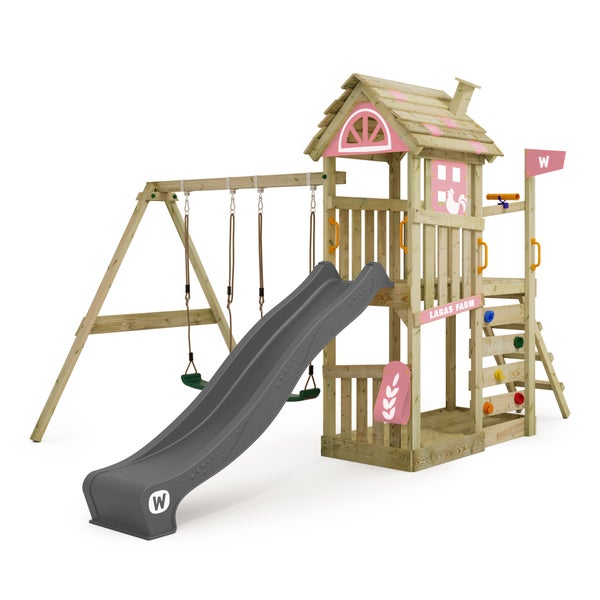 WICKEY Spielturm Klettergerüst FarmFlyer mit Schaukel und Rutsche, Kletterturm mit Sandkasten, Leiter und Spiel-Zubehör – pastellpink