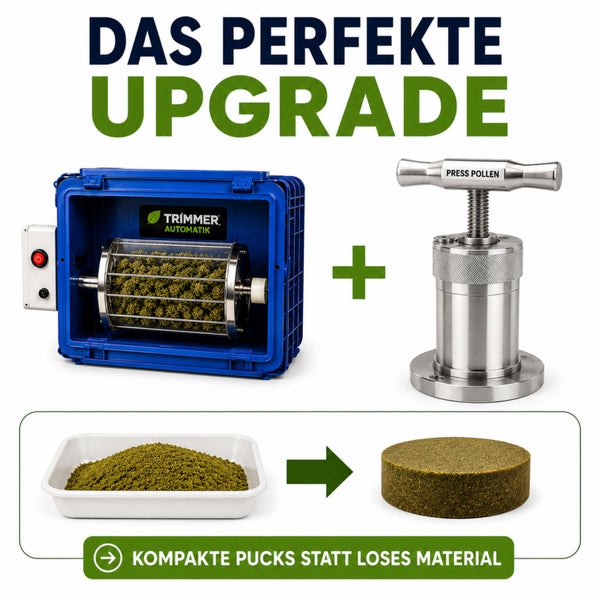 Automatischer Erntetrimmer und Pollenpresse aus Edelstahl zur Verarbeitung von Pflanzenmaterial zu kompakten Pucks.