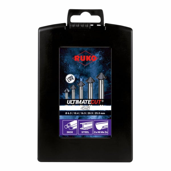 Fünfteiliger Ruko Kegelsenker-Satz Ultimatecut 4S in einer schwarzen Kunststoffkassette für Edelstahl, Stahl und Buntmetalle.