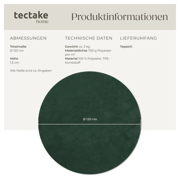 Kurzflorteppich tectake rutschfeste Unterseite verschiedene Größen und Farben Ø 120 cm