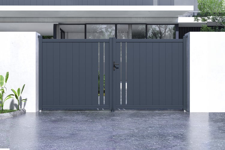 Flügeltor 3,5 m GIONA H.180 graues Aluminium + 2 Pfosten 20x20 cm H.190 cm