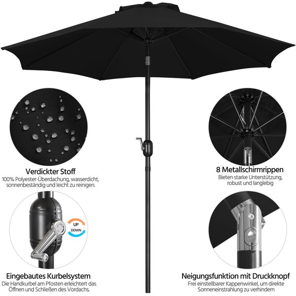 Schwarzer Gartenschirm mit Kurbel, Neigungsfunktion und wasserdichtem Polyesterbezug