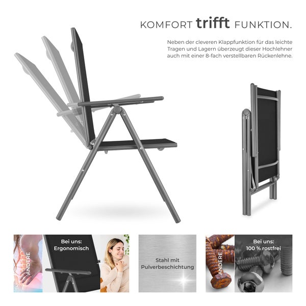 Klappbarer Hochlehner mit 8-fach verstellbarer Rückenlehne aus pulverbeschichtetem Stahl mit ergonomischem Design und rostfreien Schrauben.