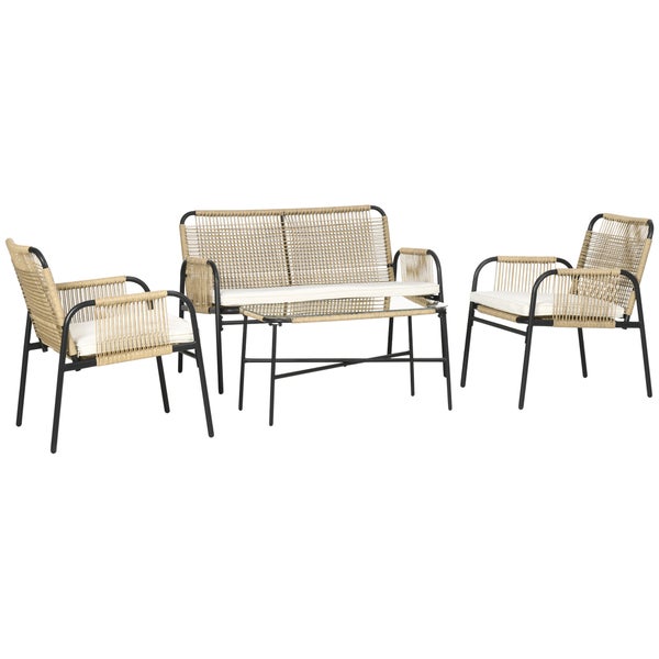 Outsunny 4 tlg. Polyrattan Gartenmöbel-Set, Sitzgruppe mit 1 Zwisitzer, 2 Sesseln, 1 Couchtisch mit Tischplatte aus Glas, 110L x 65B x 74H cm, PE Rattan, Polyester, Gelb