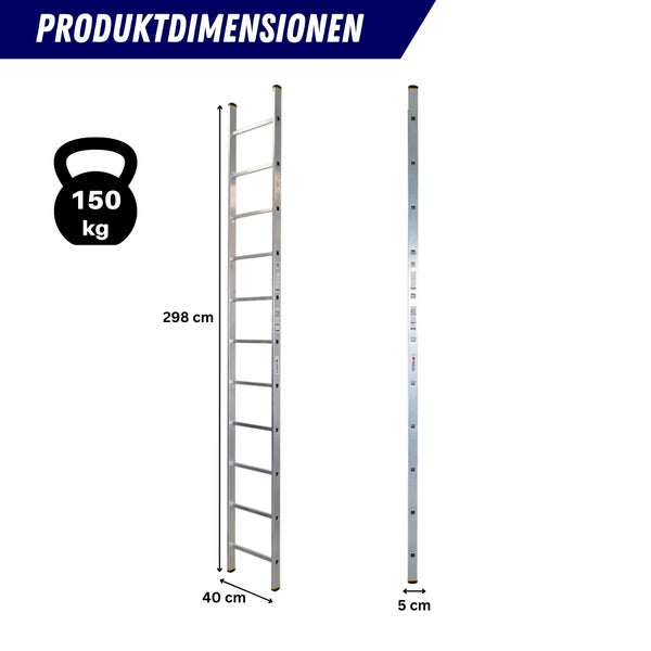 Abmessungen einer Sprossenleiter mit einer Traglast von 150 Kilogramm und einer Länge von 298 Zentimetern