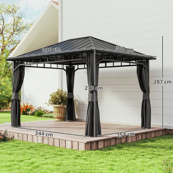 Outsunny Pavillon 4x3 m Wasserdicht Stabil Winterfest Gartenpavillon mit Seitenteile, Wasserrinnen, Moskitonetz, Haken Garten-Pavillon aus verzinktem Metall, Partyzelt für Garten, Terrasse, Dunkelgrau