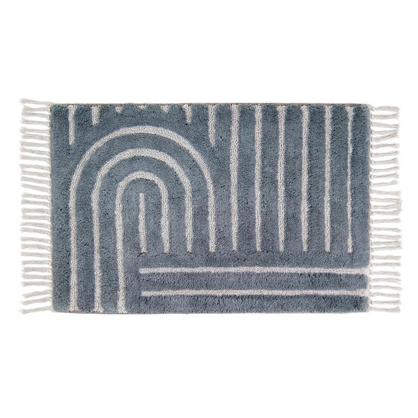 Grau-weisser Teppich mit Fransen und geometrischem Muster