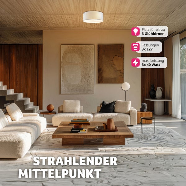 Wohnzimmer mit Textilhängeleuchte für bis zu drei Glühbirnen, Fassungen 3xE27 und maximaler Leistung 3x40 Watt