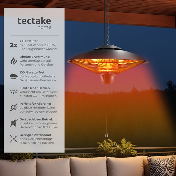 Tectake Home Deckenheizstrahler mit zwei Heizstufen 1250 Watt oder 2500 Watt für den Außenbereich inklusive Montageanleitung und Funktionsvorteilen.