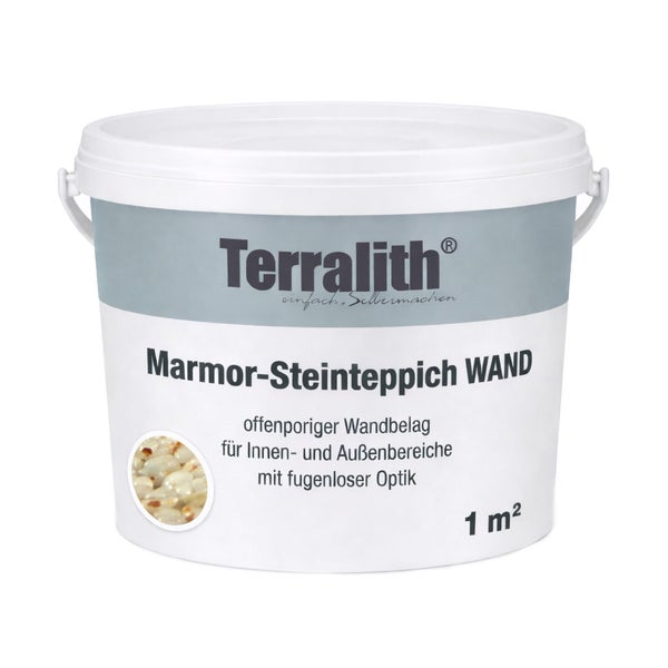 Terralith Marmor-Steinteppich für Wände im Innen- und Außenbereich in einem weißen Eimer für 1 Quadratmeter.