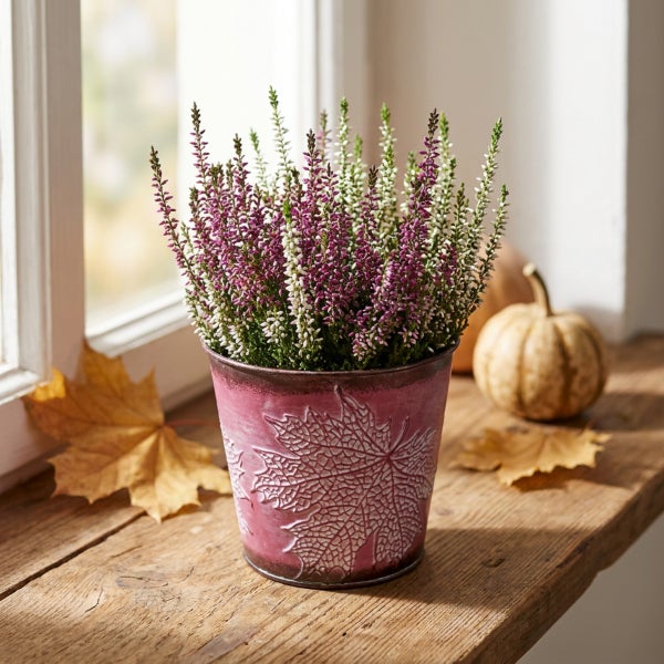 Herbstliche Erika in einem Pflanztopf mit Blattprägung auf einem Holztisch mit Ahornblättern und einem kleinen Kürbis.
