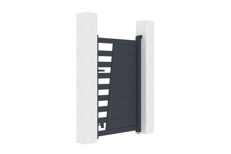 Anthrazitfarbenes Gartentor aus Aluminium, asymmetrisches Design mit Lamellen und blickdichtem Paneel zwischen zwei weißen Pfosten.