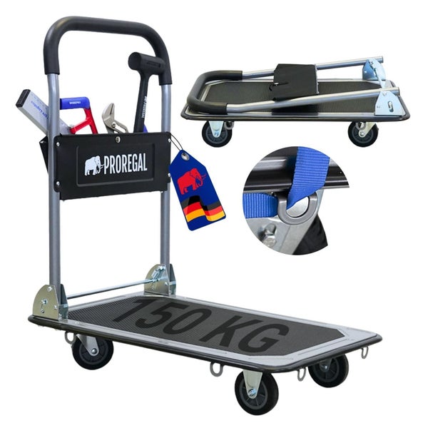 PROREGAL Plattformwagen, Tragkraft 150 Kilogramm, klappbar, mit Werkzeugtasche und Spanngurtbefestigung.