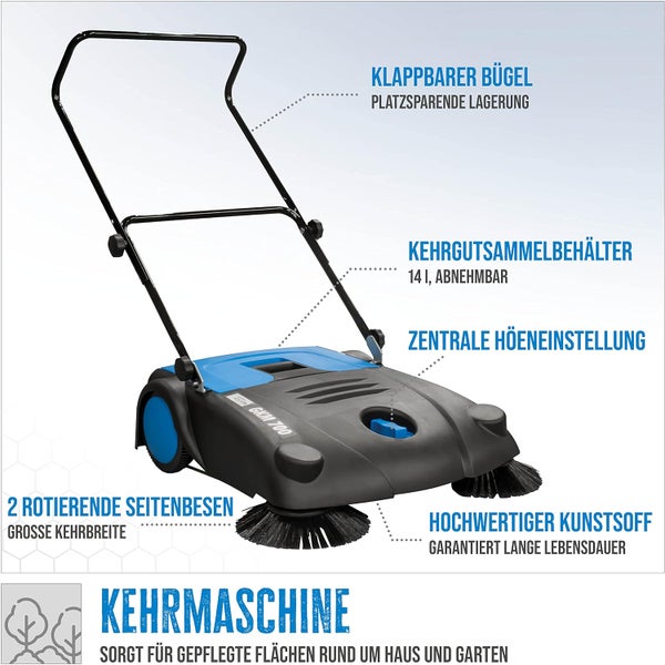 Güde Kehrmaschine GKM 700 mit klappbarem Bügel, 14 Liter Sammelbehälter, zentraler Höheneinstellung und 2 rotierenden Seitenbesen aus Kunststoff.