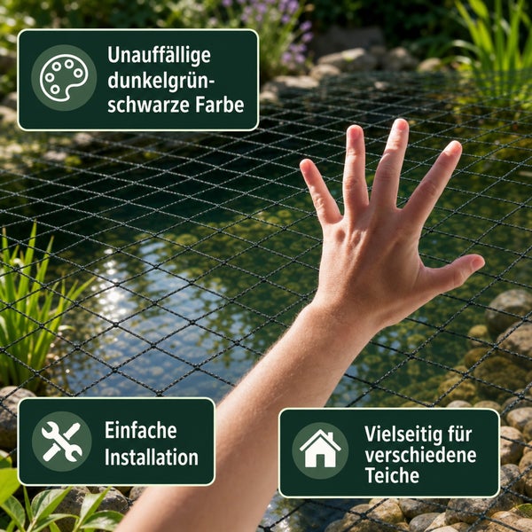 Teichnetz über einem Gartenteich, einfache Installation, vielseitig einsetzbar, unauffällige Farbgebung.