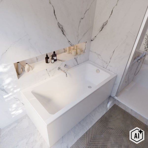 Modernes Badezimmer mit weißer Badewanne, Wandnische und Marmorfliesen, Blick von oben auf die Badgestaltung.