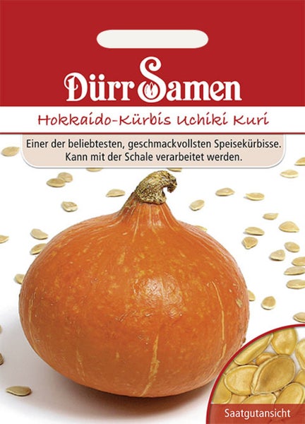 Dürr Samen Logo, Samentüte für Hokkaido-Kürbis Uchiki Kuri mit einer Abbildung des Speisekürbisses und einer Ansicht der Samen.