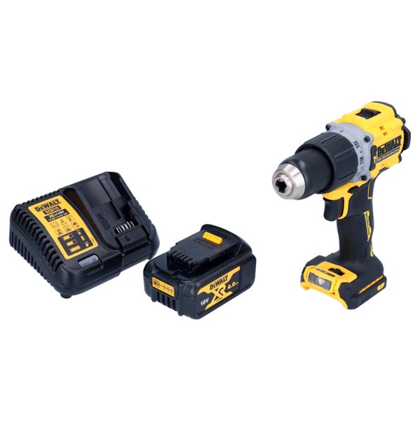 DeWALT Akku-Bohrschrauber-Set mit bürstenlosem 18 Volt Motor, einem 4,0 Amperestunden Li-Ion Akku und passendem Schnellladegerät.