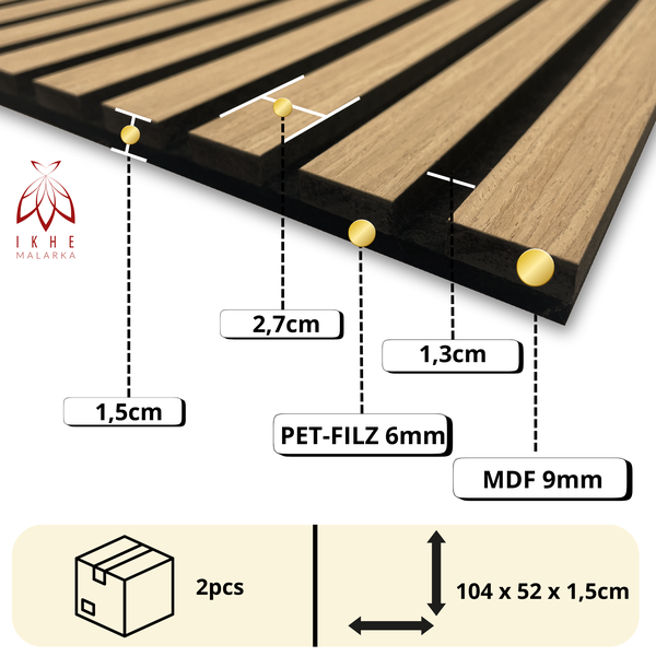Akustikpaneele 3D Lamellen MDF mit Filz 1040x520x15mm – 2 Stück (1,08m²) | Schallabsorbierend & dekorativ | Holzoptik Wandverkleidung (11003D)
