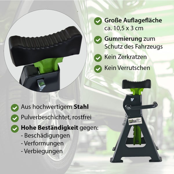Unterstellbock aus pulverbeschichtetem Stahl mit großer Gummiauflage für sicheren Halt ohne Verkratzen, belastbar und stabil für Kfz Werkstatt.
