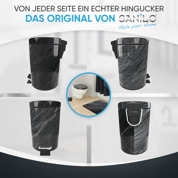 Sanilo Logo. Sanilo Treteimer in schwarzer Steinoptik aus vier Perspektiven und in einer hellen Badezimmerszene.