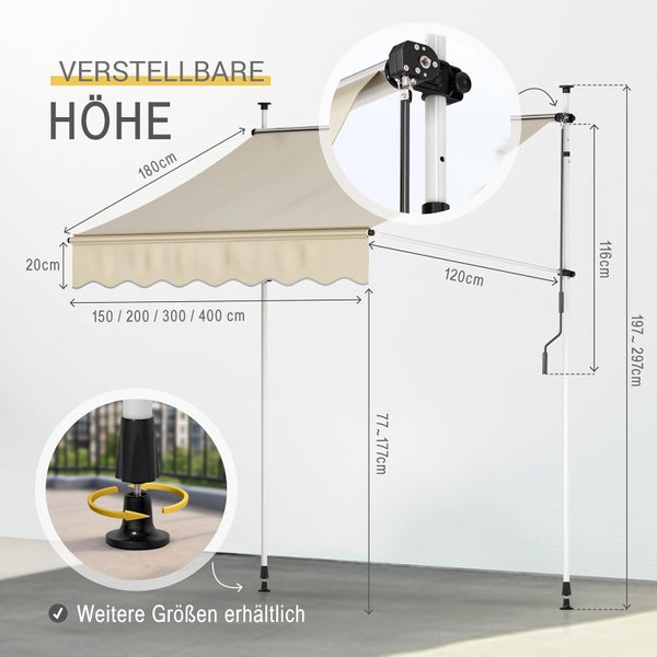 Klemmmarkise mit Maßangaben für Breite, Höhe und Ausfall sowie Detailansichten von Kurbelmechanismus und höhenverstellbarem Standfuß.