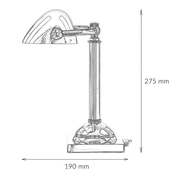 Skizze einer Schreibtischlampe mit den Maßen 275 mm Höhe und 190 mm Breite