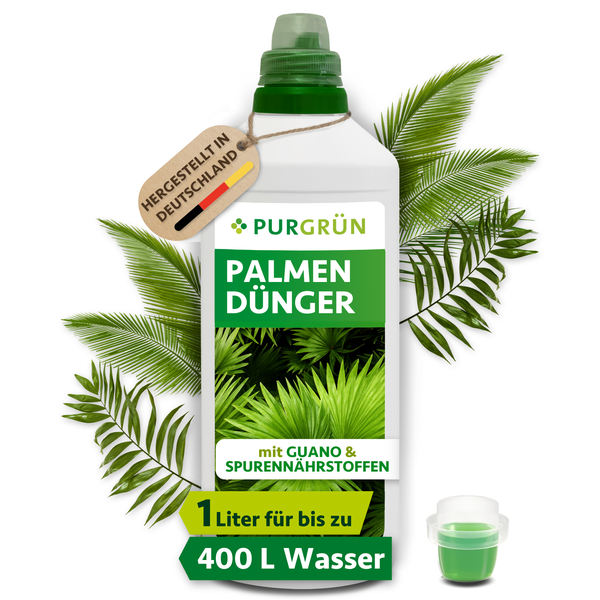 Purgrün Palmendünger mit Guano und Spurennährstoffen, 1 Liter Flüssigdünger für Palmen, hergestellt in Deutschland, reicht für 400 Liter Wasser.