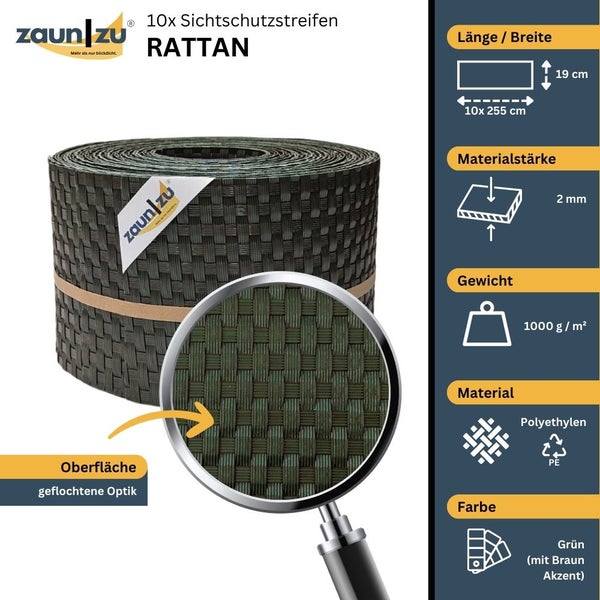 Zehn Sichtschutzstreifen in Rattan Optik mit den Maßen 255 x 19 Zentimeter, Materialstärke zwei Millimeter, Gewicht 1000 Gramm pro Quadratmeter, Material Polyethylen, Farbe Grün mit braunem Akzent, ZaunZu Logo