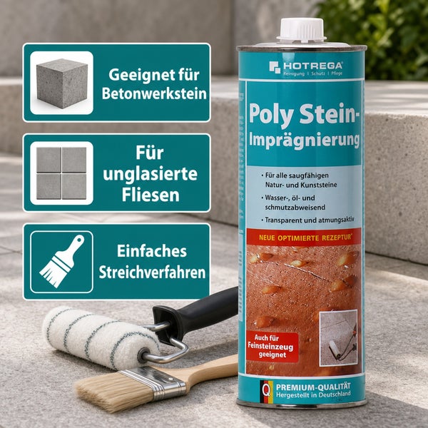 Hotrega Poly Stein Imprägnierung für saugfähige Natur- und Kunststeine mit Anwendungshinweisen und Malerwerkzeug auf Steinoberfläche.