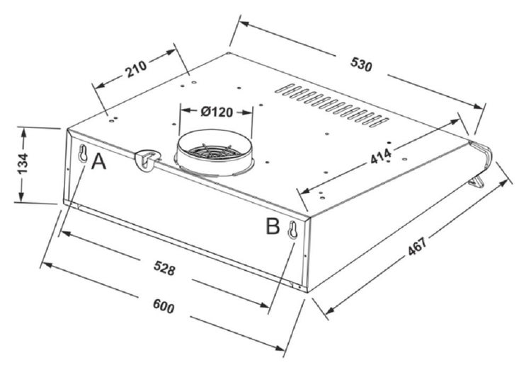 Technische Zeichnung einer Dunstabzugshaube mit Maßangaben in Millimeter für die Montageplanung.