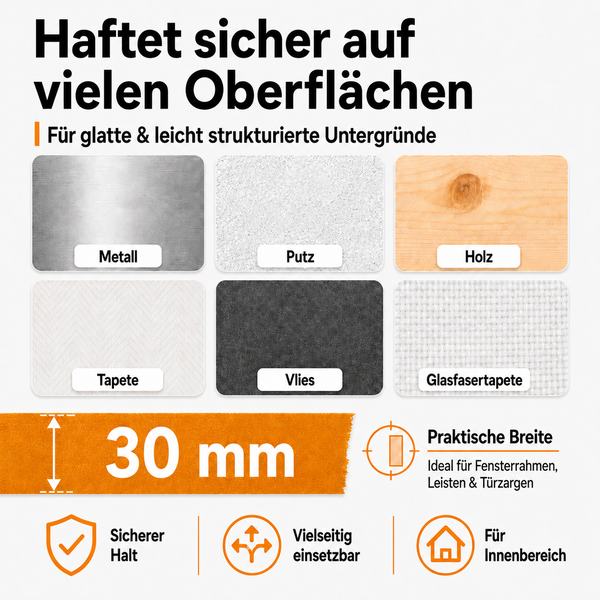 Infografik: 30 Millimeter, haftet auf Metall, Putz, Holz, Tapete, Vlies, Glasfasertapete. Sicherer Halt, vielseitig, für Innenbereich.