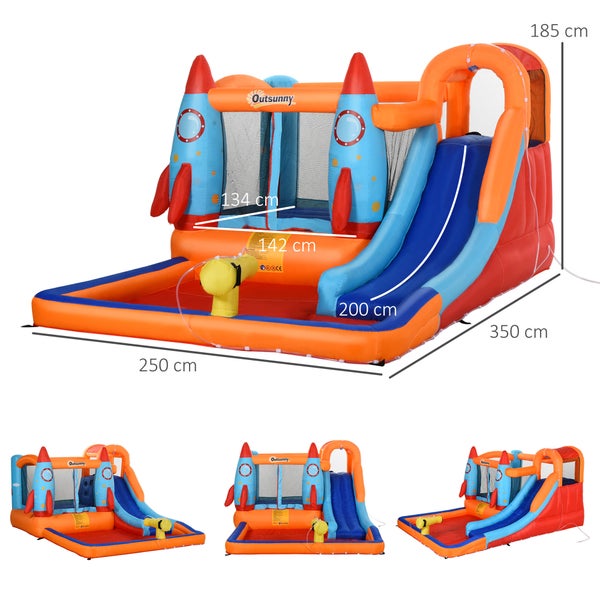 Outsunny Aufblasbare Hüpfburg mit Rutsche für 4 Kinder Burg Springburg mit Gebläse Spielburg Spielhaus für 3-8 Jahre Raketenmuster Oxford-, Polyester-Gewebe Mehrfarbig 350 x 250 x 185 cm