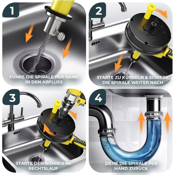 Anleitung zur Verwendung einer Abflussspirale in vier Schritten an einem Spülbecken